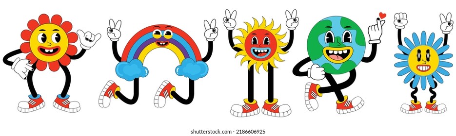 Funny cartoon characters in trendy retro style earth  flower  cloud  rainbow   sun  Cartoon abstract groovy comic funny emoji characters           