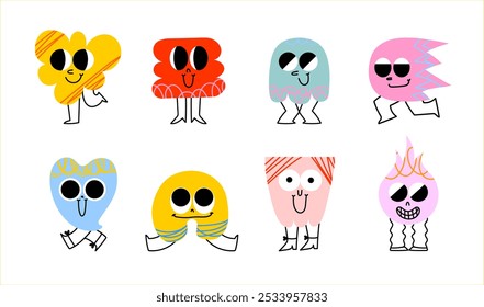 Funny cartoon characters in trendy retro style and different geometric shapes. Hand drawn abstract funny cute comic characters sticker pack. Hallucination weird shapes, creative modern shapes.