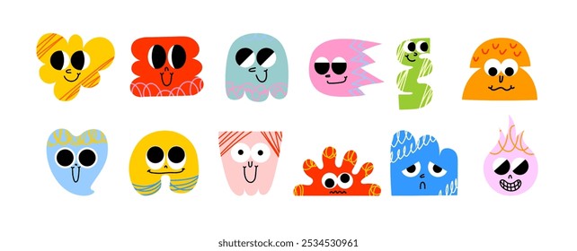 Funny cartoon characters in trendy retro style and different geometric shapes. Hand drawn abstract funny cute comic characters sticker pack. Diversity concept.