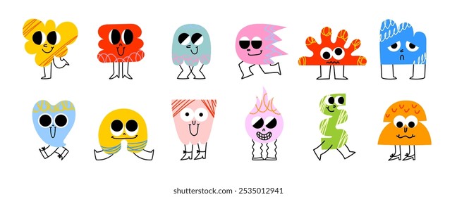Personagens engraçados de desenhos animados em estilo retrô na moda e diferentes formas geométricas. Mão desenhado abstrato engraçado personagens de quadrinhos adesivo pack. Conceito de diversidade.