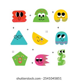 Funny cartoon characters in trendy retro style and different geometric shapes. Hand drawn abstract funny cute comic characters sticker pack. Diversity concept.