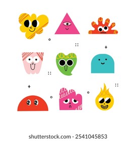 Funny cartoon characters in trendy retro style and different geometric shapes. Hand drawn abstract funny cute comic characters sticker pack. Diversity concept.