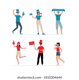 Funny cartoon characters of two sport or football fans supporting teams in red and blue t-shirts and hats, flat vector illustration isolated on white background.