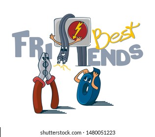 Funny cartoon characters, unexpected meeting of friends, high voltage cable coming out of electric flap, meeting pliers and insulation tape, vector illustration. Best friends slogan 