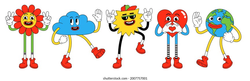 Funny cartoon characters. Vector illustration of flower, Earth, heart, sun and cloud. Set of comic elements in trendy retro cartoon style.