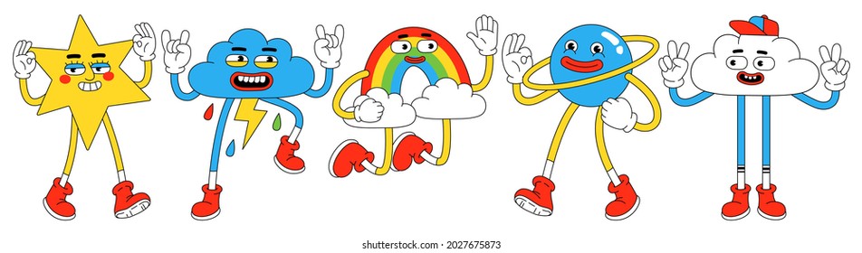 Funny cartoon characters. Vector illustration of star, planet, rainbow and cloud. Set of comic elements in trendy retro cartoon style.