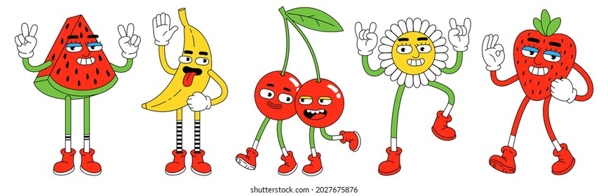 Funny cartoon characters. Vector illustration of watermelon, banana, cherry, strawberry and flower. Set of comic elements in trendy retro cartoon style.