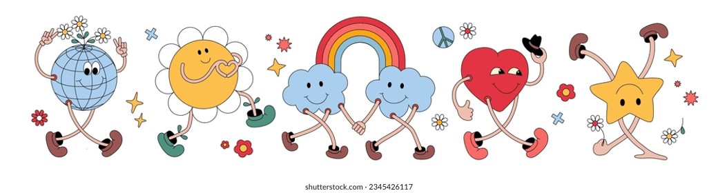 Funny Cartoon Figuren Vektorgrafik von Blume, Erde, Herz, Sonne, Wolken mit Regenbogen und Sternen Gesichter Hintergrund. Aufkleber, Plakat, Druck. Set von Comic-Elementen im Retro-Cartoon-Stil.