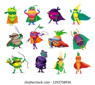 Funny cartoon characters vegetables and fruits in superhero costumes. Concept of healthy diet, natural organic food products super hero, in raincoats, costumes and masks. Vector illustration.