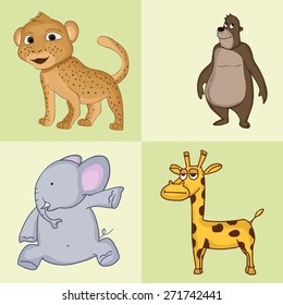 Funny cartoon characters of wild animals like leopard, bear, elephant and giraffe.