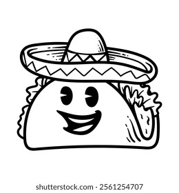 funny cartoon charcter of taco wear sombrero hat isolated drawing line art style sketch classic vintage design illustration