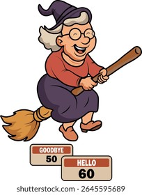 Funny cartoon of a cheerful old witch riding a broomstick between two signs showing age milestones – saying goodbye to 50 and hello to 60