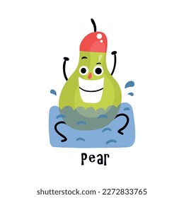 Funny cartoon cheerful pear character doing sport swimming in pool vector illustration