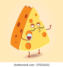 Funny cartoon cheese with mustache and wine. Vector illustration svg