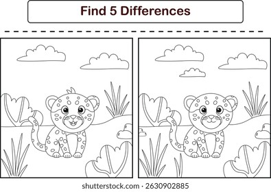 Funny cartoon cheetah. Find 5 differences. Kids Education games. Cartoon vector illustration