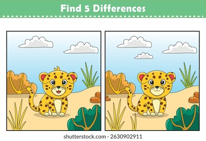 Funny cartoon cheetah. Find 5 differences. Kids Education games. Cartoon vector illustration