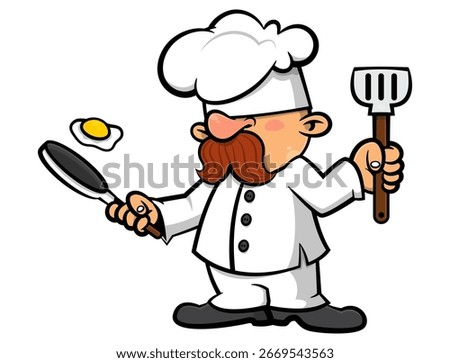 A funny cartoon chef with a big mustache is cooking a fried egg with a pan and spatula. This design is perfect for stickers, logos, and mascots for a breakfast restaurant