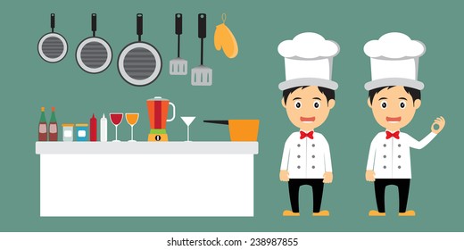 funny of cartoon chef character with kitchenware icons, vector illustration.