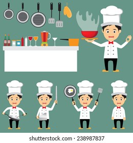 funny of cartoon chef character in various poses with kitchenware icons, vector illustration. 