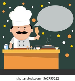 Funny cartoon chef cooks the eggs in a pan. Design for cafe menu. Vector illustration in flat style.