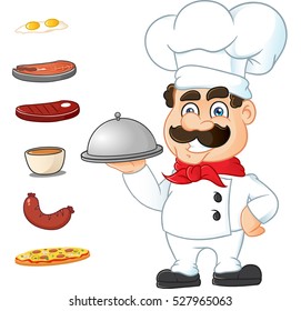 Funny cartoon chef holding plate. Including food set