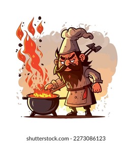 Funny cartoon chef with a pot of fire. Vector illustration.