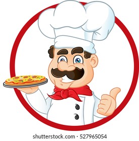 Funny cartoon chef in round red frame holding plate with delicious pizza and give the thumb up
