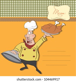 funny cartoon chef with tray of  food in hand