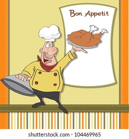 funny cartoon chef with tray of  food in hand