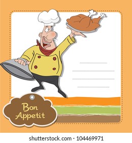 funny cartoon chef with tray of  food in hand