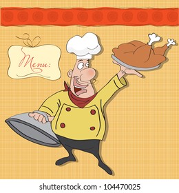 funny cartoon chef with tray of  food in hand