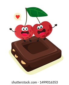 Funny and cartoon cherries on a piece of chocolate with nuts. Vector isolate on a white background.
