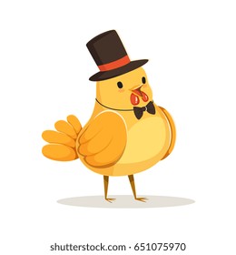 Funny cartoon chick bird in a black top hat and bow tie colorful character vector Illustration