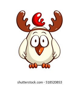 Funny cartoon chicken with antlers isolated on white background. Vector illustration