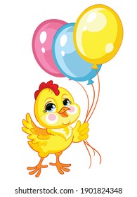 Funny cartoon chicken with balloons. Cute animal. Vector illustration for postcard, posters, nursery design, greeting card, stickers or room decor, nursery t-shirt, kids apparel, invitation, book