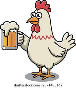 Funny cartoon chicken holding beer glass vector art illustration