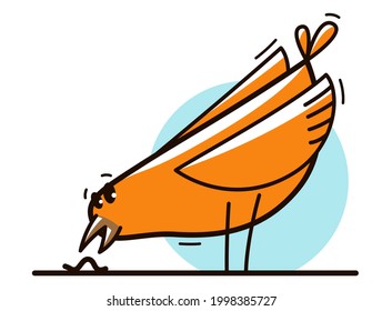 Funny cartoon chicken hunting and eating worm flat vector illustration isolated on white.