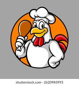 Funny cartoon chicken mascot holding a fried drumstick, perfect for fried chicken brands, food stalls, or restaurant logos. Playful and tasty design for eye-catching and memorable branding.