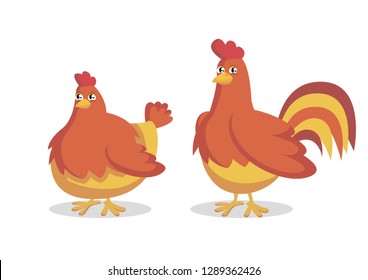 Funny cartoon chicken and rooster. Cute colorful rooster and hen standing cartoon vector illustration isolated on white background