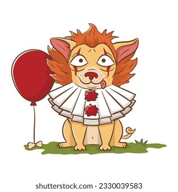 Funny cartoon chihuahua dog in an evil clown costume for halloween. Scary funny character for halloween. Vector illustration of pets for the holiday.