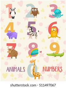 Funny cartoon childish illustrations in vector. Panda,yak, crocodile, giraffe, owl, hippo, fish, zebra