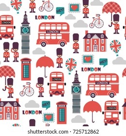 funny cartoon childish vector seamless british pattern. London symbols and landmarks