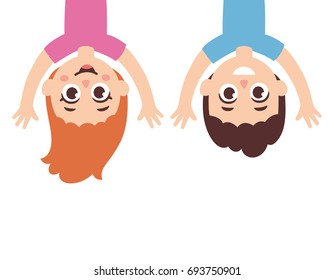 Funny cartoon children, boy and girl hanging upside down. Cute vector illustration.