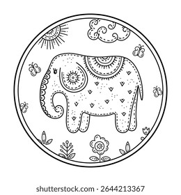 Funny cartoon children coloring book. Elephant with butterflies in a meadow surrounded by flowers on a Sunny day. Kids drawing in the Scandinavian style. Folk art.