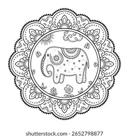 Funny cartoon children coloring book. Elephant with butterflies in a meadow surrounded by flowers on a Sunny day. Kids drawing in the Scandinavian style. Folk art.