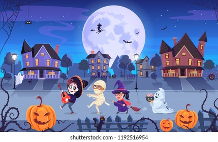 Funny cartoon children in  the costumes celebrate Halloween night vector illustration. 