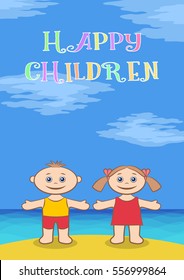 Funny Cartoon Children on Sea Shore, Happy Little Boy and Girl in Colorful Clothes, Standing on Sand Beach Under Blue Sky with Arms Wide Open and Smiling. Vector