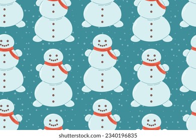 Funny cartoon children winter snowman with knitted scarf. Vector seamless pattern, christmas flat fairy tale character.