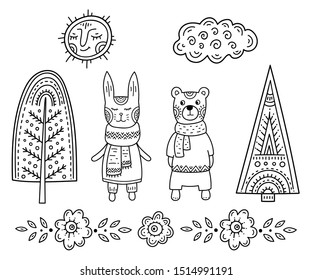 Funny cartoon children's coloring. Bear and rabbit in the forest among the trees under the smiling sun and clouds. Scandinavian style children's drawing. Folk art.