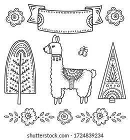 Funny cartoon children's coloring book. Llama with a butterfly surrounded by trees and flowers. Kids drawing in the Scandinavian style. Folk art. Frame for an inscription or explanation.